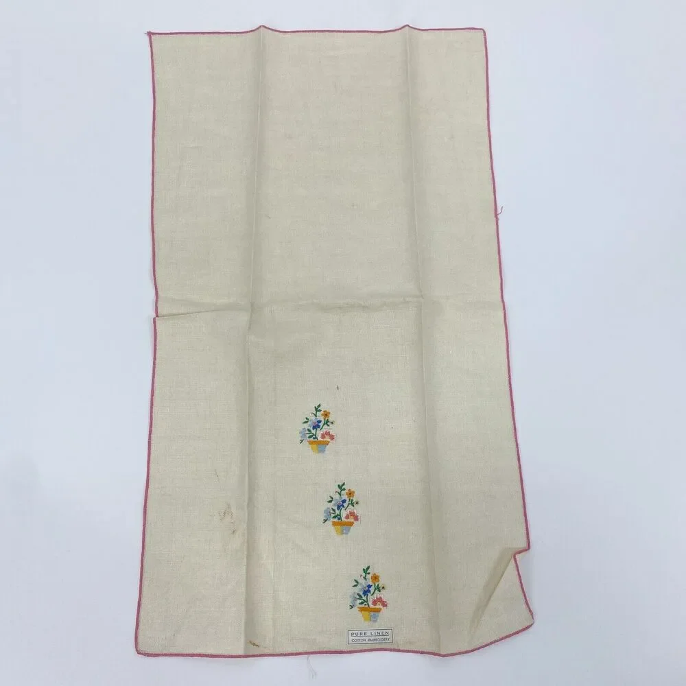 Vintage Linen Napkins Lot of 4 Floral Embroidered Ivory Red Pink